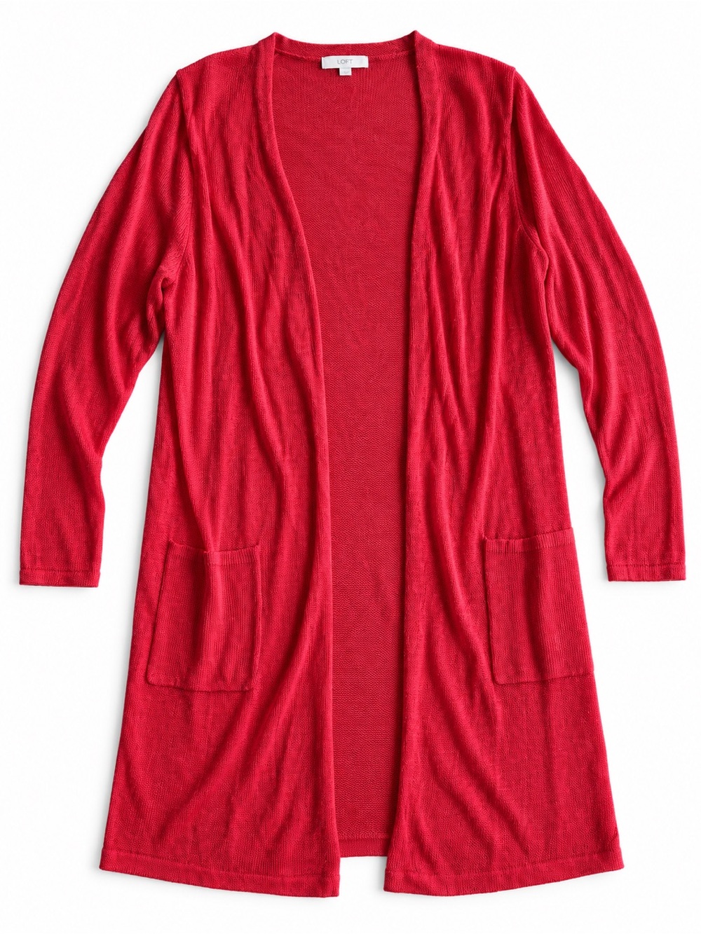 J.Jill Open Front Long Cardigan Hibiscus Red Lightweight Knit Size Large